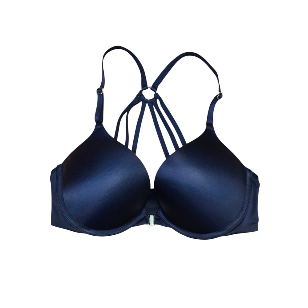 Victoria's Secret Bombshell Plunge Bra 34C Blue Strappy Back Front Close Push Up